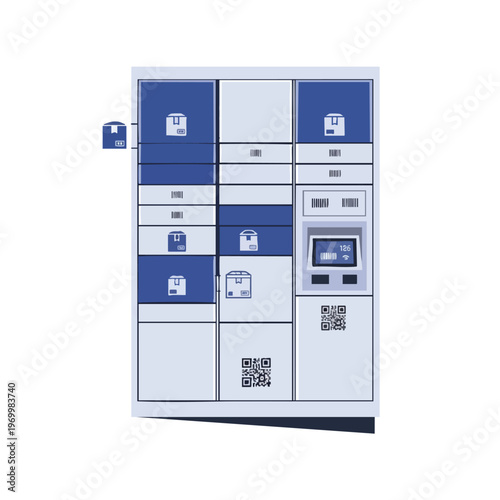 Automated parcel locker with cubbies, touchscreen, barcode scanner, and QR codes