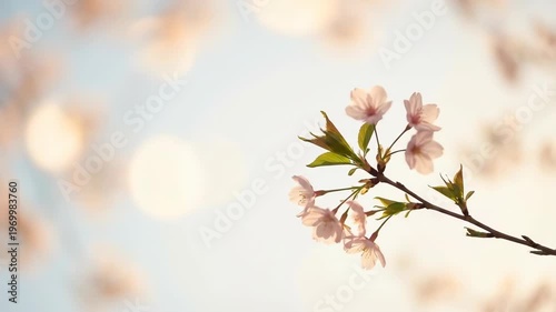 Cherry blossom branch swaying in the gentle wind. Pink flower blooming on tree during spring. Nature awakening, seasonal renewal, and garden