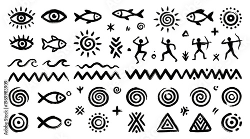 Collection of ancient tribal symbols and pictograms showcasing a rich cultural heritage and artistic expression