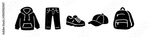 A collection of black silhouette icons of casual clothing and accessories, including a hoodie, jeans, sneakers, a baseball cap, and a backpack, isolated on a white background.