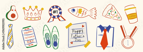Happy Father's Day. Set of father's day cute elements vector. Elements are isolated on white background for sale, advertising , template and greeting card. Outline ink doodles on vintage style.