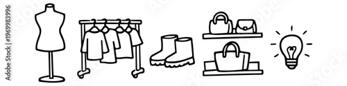 Set of minimalist hand-drawn fashion retail icons featuring a mannequin, clothing rack, boots, handbags on shelves, and a lightbulb symbol for creative design ideas.