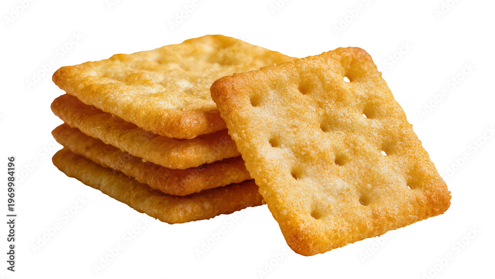 Fototapeta premium Stacked golden square crackers, displaying tiny holes and a flaky texture