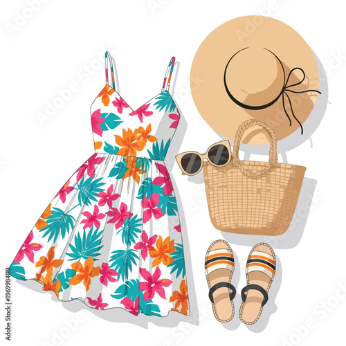 A white floral sundress, straw hat, woven bag, sunglasses, and striped espadrilles