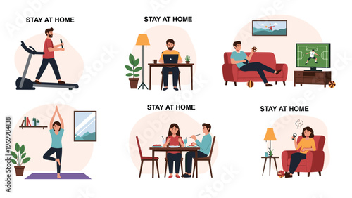Diverse stay at home activities including remote work indoor exercise gaming yoga and dining to represent domestic lifestyle and hobbies.