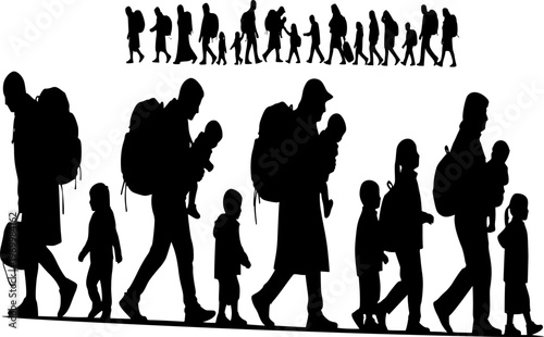 Refugees Silhouette War Displacement Humanitarian Crisis Migration People Black Vector