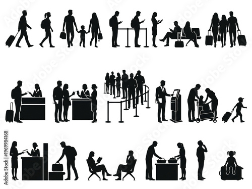 Comprehensive vector silhouettes illustrating diverse passenger experiences within a busy airport terminal, showcasing various stages of travel from check-in to security and boarding procedures