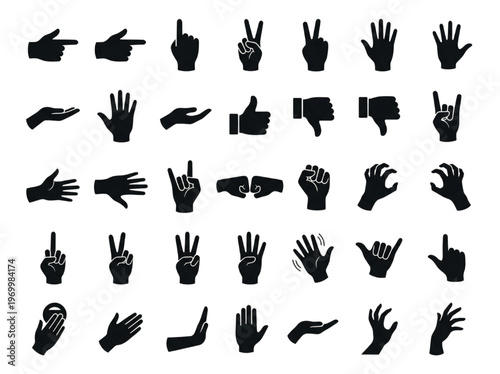 Extensive collection of various black silhouette hand gestures, illustrating diverse human communication signals, expressive interactions, and non-verbal cues for graphic design