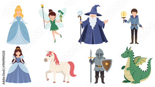 Magical fantasy character collection featuring a beautiful princess powerful wizard brave knight mythical unicorn and friendly green dragon.