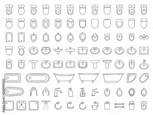 Collection of simple line art icons representing various bathroom fixtures and plumbing elements, perfect for design projects and blueprints