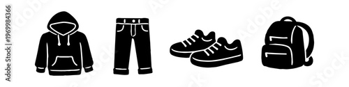 Set of black hand-drawn icons featuring casual clothing and accessories including a hoodie, denim pants, sneakers, and a backpack. Perfect for fashion, education, and lifestyle designs.