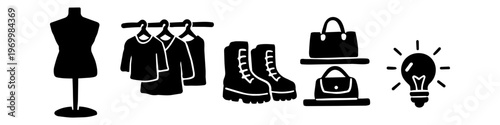 A collection of black silhouette icons representing fashion design and retail, including a mannequin, clothes rack, boots, handbags, and a creative lightbulb idea symbol.
