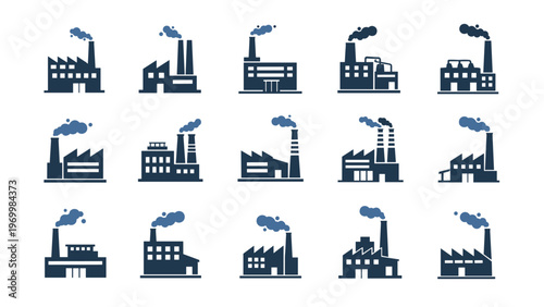 Collection of industrial factory icons representing manufacturing plants power stations and production facilities with smoking chimney stacks.