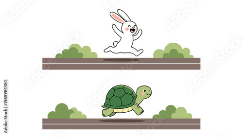 Classic fable illustration featuring a fast white rabbit racing against a slow and steady green tortoise on a path through a park.