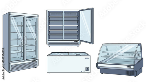 Various commercial refrigeration units including glass door display fridges chest freezers and curved glass deli counters for retail use.