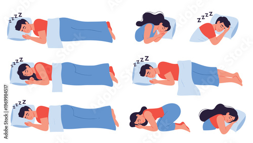 Collection of human figures in various comfortable sleeping positions and postures in bed for sleep science and health research studies.