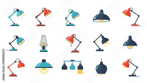 Selection of stylish desk lamps and modern hanging light fixtures in various colors and designs for home or office interior lighting solutions.