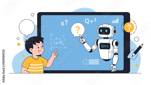 Innovative educational technology scene showing a young student learning mathematics through an interactive robot tutor on a large digital tablet.