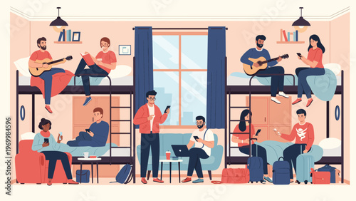 Diverse group of young people living in a shared hostel dormitory bunk beds engaged in hobbies like music reading and using mobile devices.
