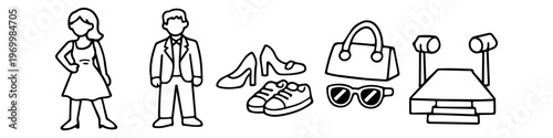 Collection of fashion-themed hand-drawn line art icons including a female model, male formal wear, shoes, handbag, sunglasses, and a catwalk. Perfect for industry graphics and design.