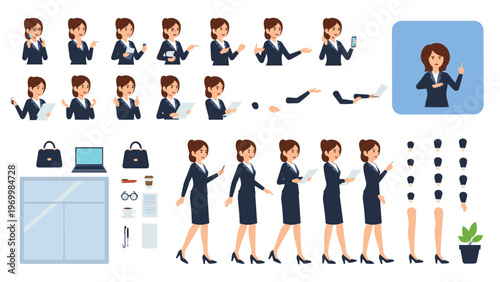 Comprehensive businesswoman character creator kit with various poses facial expressions business attire and essential office equipment for projects.