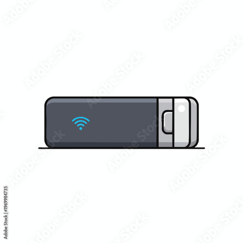 A dark grey cylindrical device with a blue Wi-Fi symbol, resting on a surface