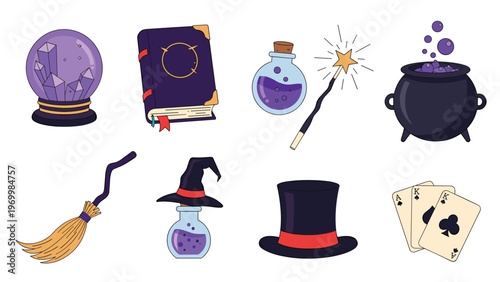 Assortment of magical wizardry and witchcraft items featuring potions magic wands crystal ball witch hat and a boiling cauldron for fantasy.