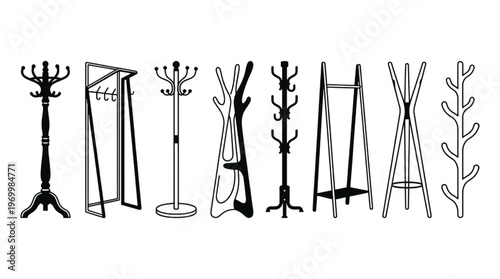 Collection of stylish vector coat racks and clothing stands, featuring various modern and traditional designs for home organization, entryway decor, and practical furniture