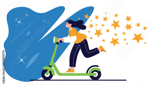 Happy young woman riding a modern electric scooter through a cosmic night sky with a trail of glowing stars for eco friendly transport.