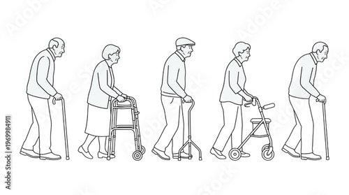 Line art illustrations featuring diverse elderly people using a variety of walking aids to maintain mobility and independence in old age