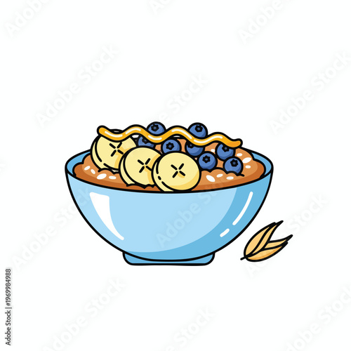 A blue bowl of oatmeal topped with banana slices, blueberries, and honey