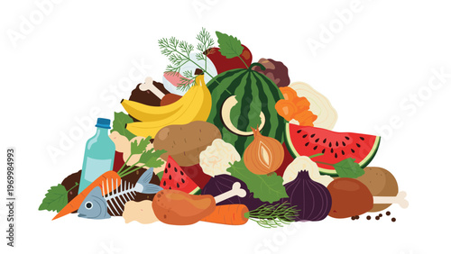 Large heap of household food waste and organic scraps including fruit peels, vegetable remains, fish bones, and meat leftovers for composting.