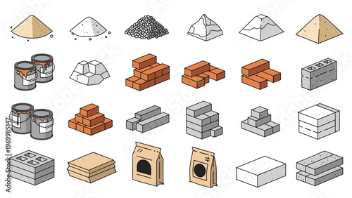 Extensive collection of isometric construction materials icons including sand piles, bricks, cement bags, concrete blocks, and cans of paint.