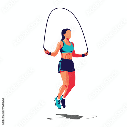 Athletic woman jumping rope, dynamic pose, action shot, strong body, fitness