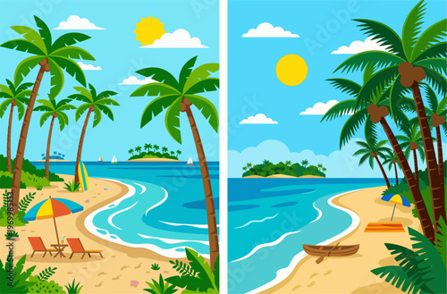 Tropical beach landscape with palm trees, ocean waves, beach chairs, and summer vacation vector