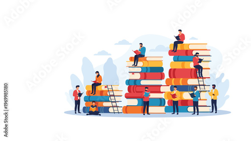 Group of people sitting and standing on massive stacks of colorful books while reading and studying to illustrate a concept of higher education.