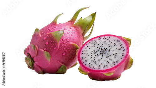 Photos Ripe pink dragon fruit, halved revealing speckled flesh with tiny black seeds