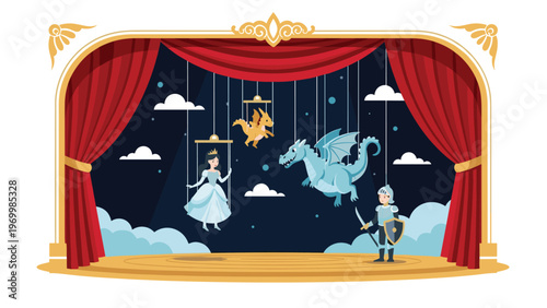 Puppet theater stage with red curtains featuring marionette characters like a princess, a knight, and dragons in a magical night setting.
