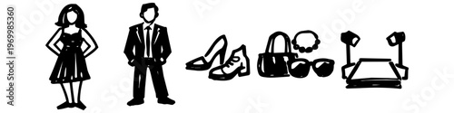 Hand-drawn fashion and celebrity icons including a woman in a dress, man in a suit, shoes, accessories, and a red carpet runway in a minimalist black and white doodle style.
