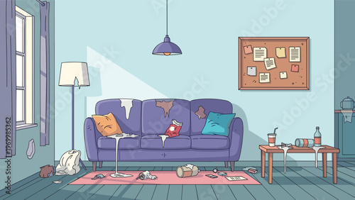 Messy living room with a stained purple sofa, spilled drinks on the table, trash on the floor, and notes pinned to a bulletin board.