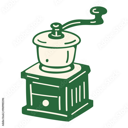 Manual grinder in a handdrawn style. Coffee grinder for grinding coffee beans, manual coffee tool for fresh coffee preparation at home or cafe.
