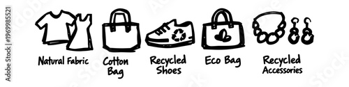 Hand-drawn icons set representing sustainable fashion concepts like natural fabric clothing, cotton tote bags, recycled shoes, eco bags, and recycled accessories in a simple doodle style.