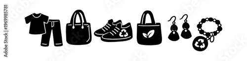 Sustainable and eco-friendly fashion icons set featuring recycled clothing, accessories, and shoes. Flat vector illustration for ethical consumerism and circular economy concepts.