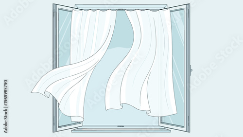 Light and airy white curtains blowing gently in a breeze coming through a large open glass window into a bright, clean room.