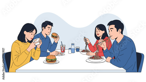Group of friends enjoying a meal together at a restaurant with hamburgers and pasta while talking and having a good time.