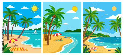 Tropical beach landscape banners with palm trees, ocean waves, and summer vacation vector.