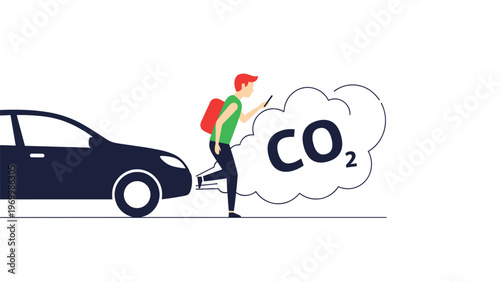 Concerned person runs away from a dark car that is emitting a large white cloud of carbon dioxide gas from its exhaust pipe.