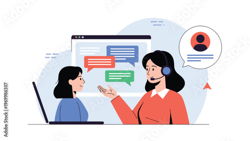 Professional female customer service agent wearing a headset communicates with a client via a web chat interface on a laptop.