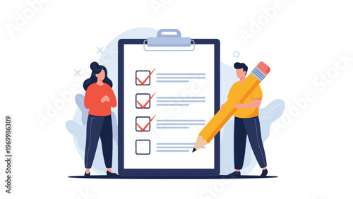 Collaborative team consisting of a man and woman use a giant pencil to complete a task list on a large clipboard together.