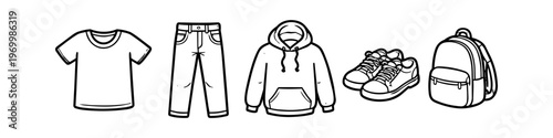 A collection of clothing and accessory line art icons featuring a t-shirt, jeans, hoodie, sneakers, and a backpack. Minimalist black and white vector illustration for coloring or design.